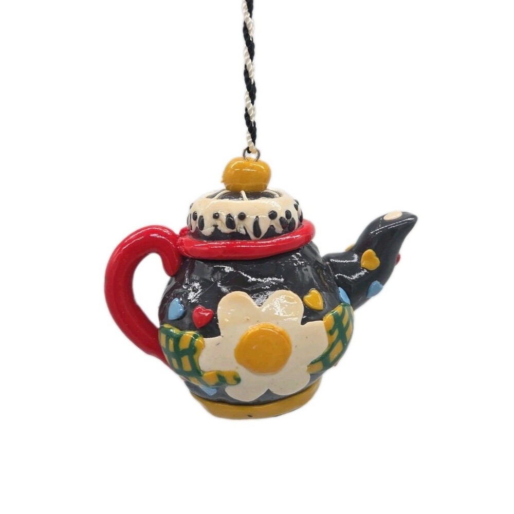 Mary Engelbreit Black Red Teapot Ornament Hearts Flower Hanging Boho 1990s